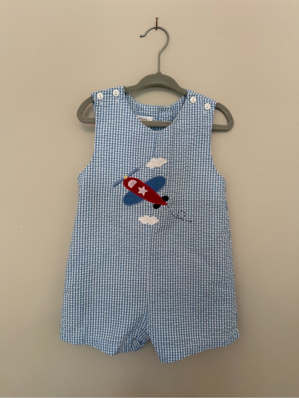 Blue Gingham Airplane Embroidered Baby Boy Romper Jon Jon